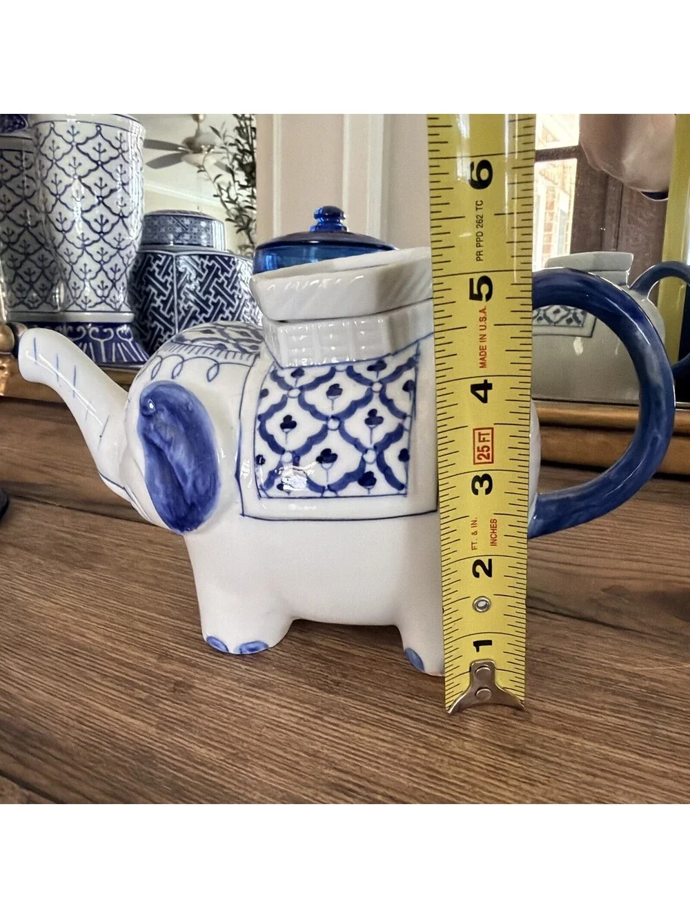 Vintage Blue White Elephant Teapot Made in Thailand Asian Chinoiserie Ceramic